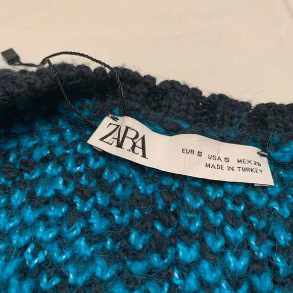 New ZARA chunky cropped open cardigan sweater houndstooth geometric blue Sz S - Picture 3 of 7